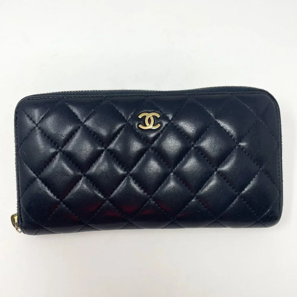 Chanel CC Quilted Lambskin Leather L  Gusset Zipper Long Wallet Dark Navy Blue - Picture 1 of 14